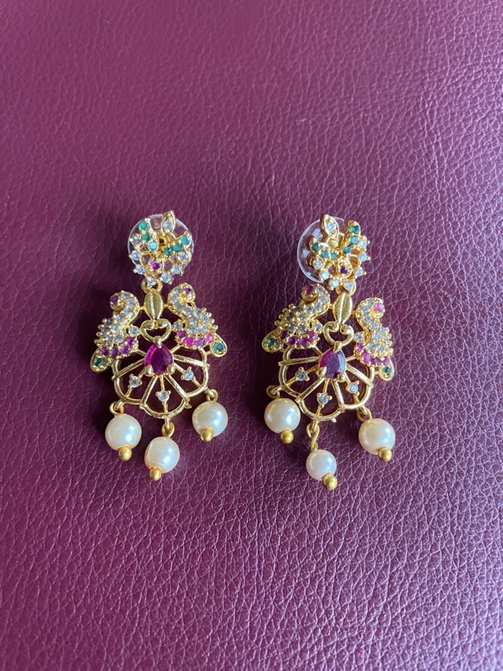 Gold-Tone Pearl Drop Floral Earrings - Pink & Green Accent